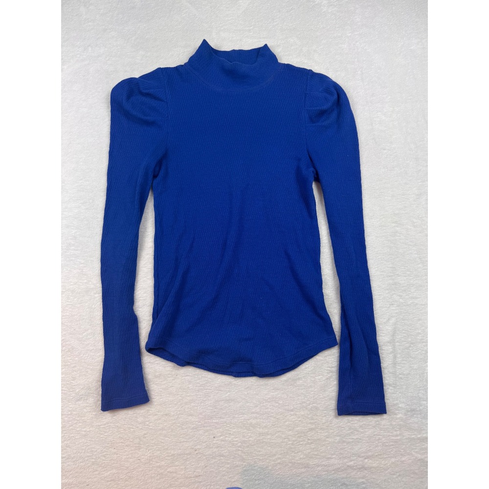 Free People Royal Blue Puff Shoulder Mock Neck Ribbed Top Small